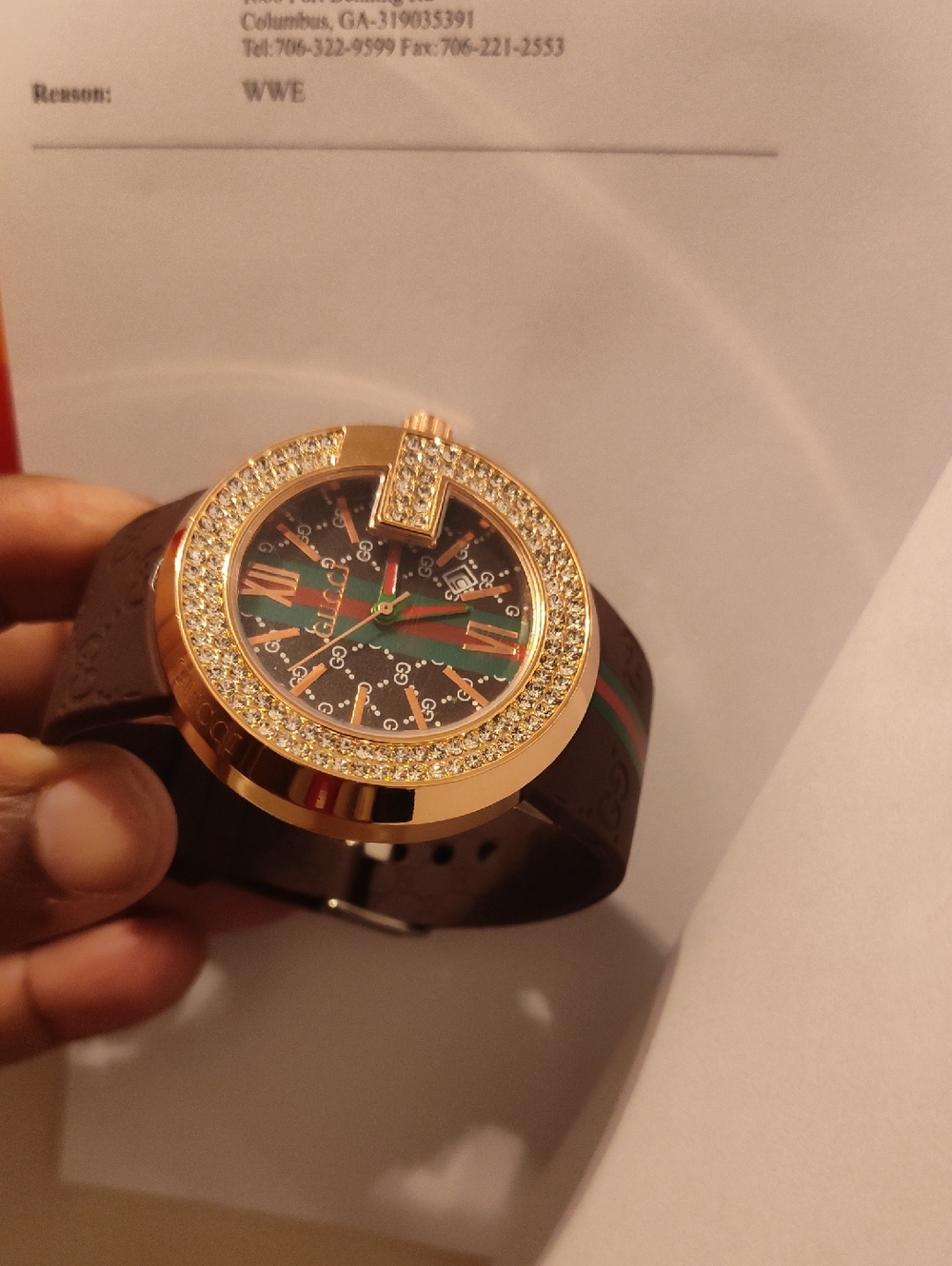 Gold-Tone Men's Fashion Watch with Brown Strap and Crystal Bezel